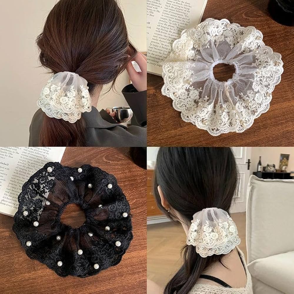 Pearl Beaded Large Lace Scrunchie