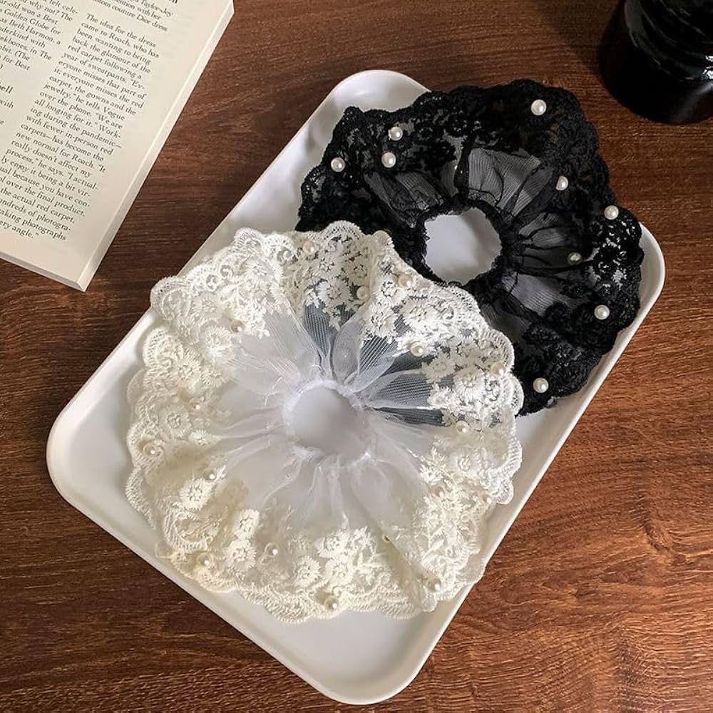 Pearl Beaded Large Lace Scrunchie