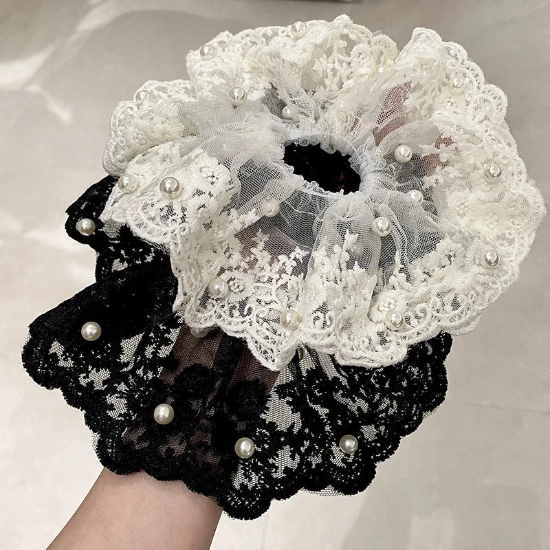 Pearl Beaded Large Lace Scrunchie