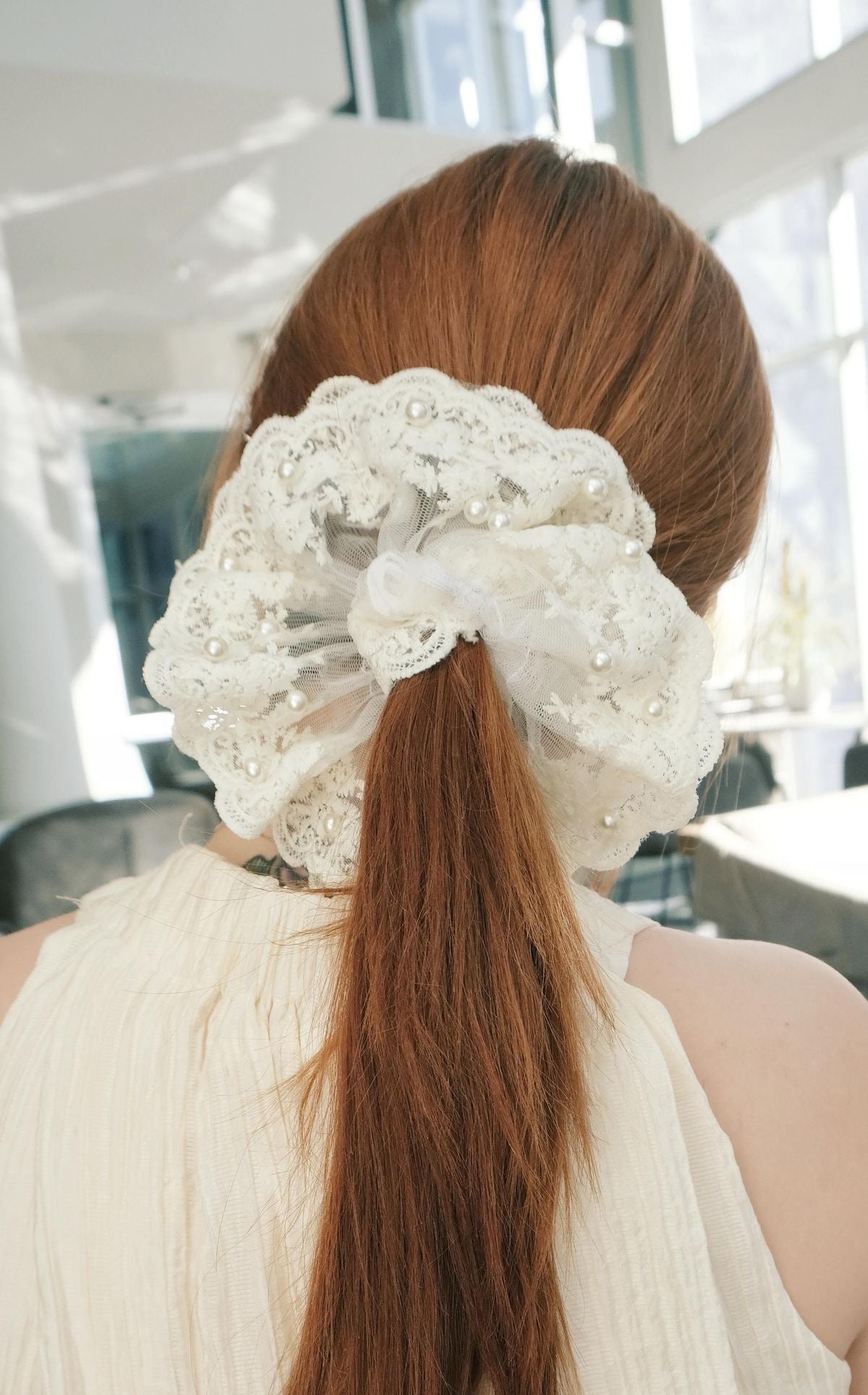 Pearl Beaded Large Lace Scrunchie