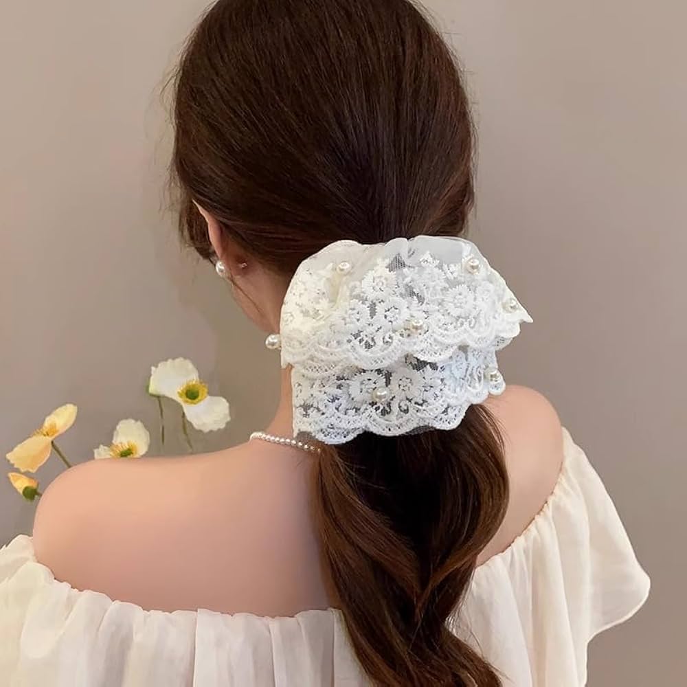 Pearl Beaded Large Lace Scrunchie