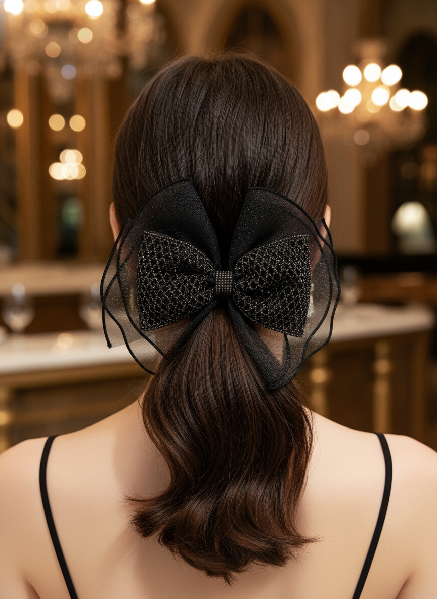 Rhinestone Mesh Bow Clip