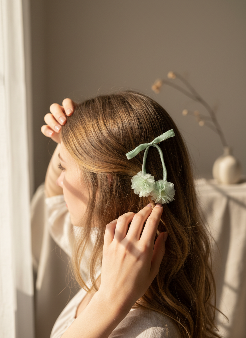 Ribbon Pom Pom Hair Pin