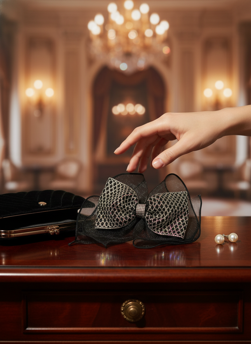 Rhinestone Mesh Bow Clip