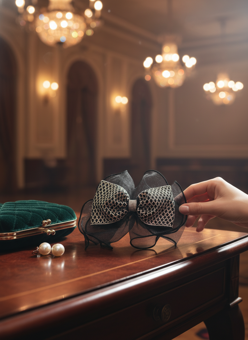 Rhinestone Mesh Bow Clip