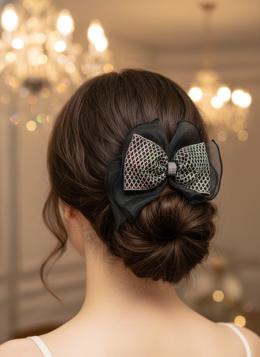 Rhinestone Mesh Bow Clip