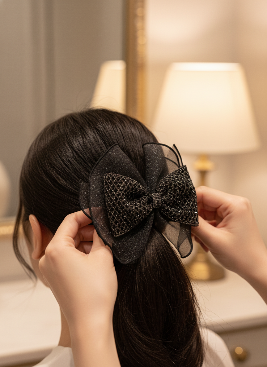 Rhinestone Mesh Bow Clip