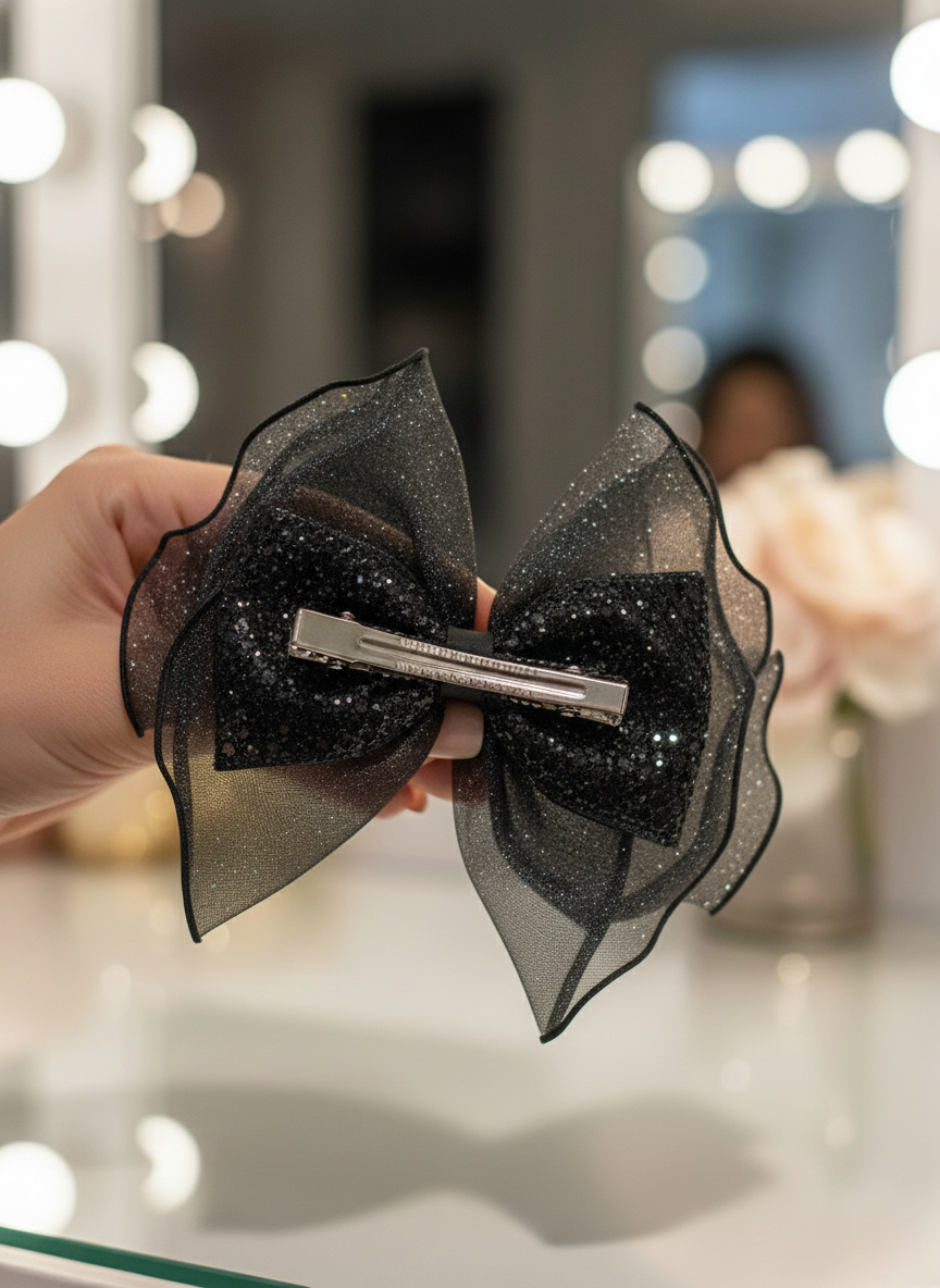 Rhinestone Mesh Bow Clip